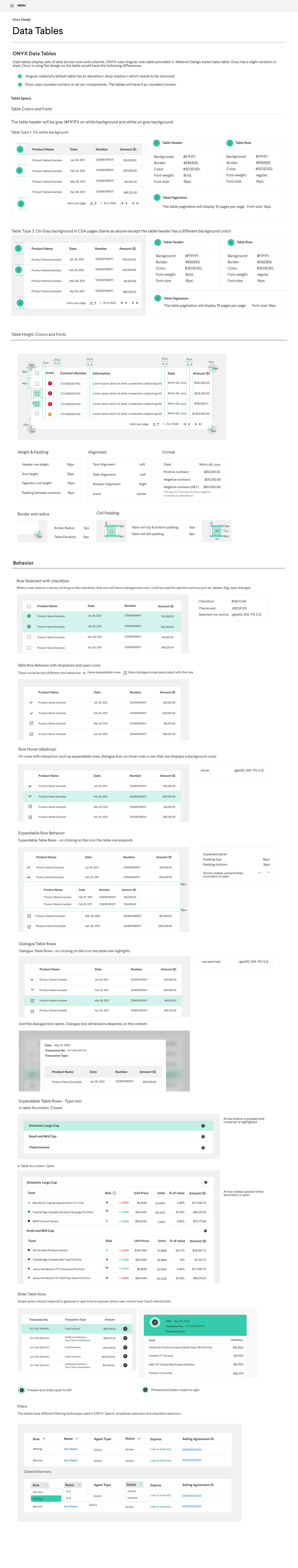 Onyx data tables component, light theme