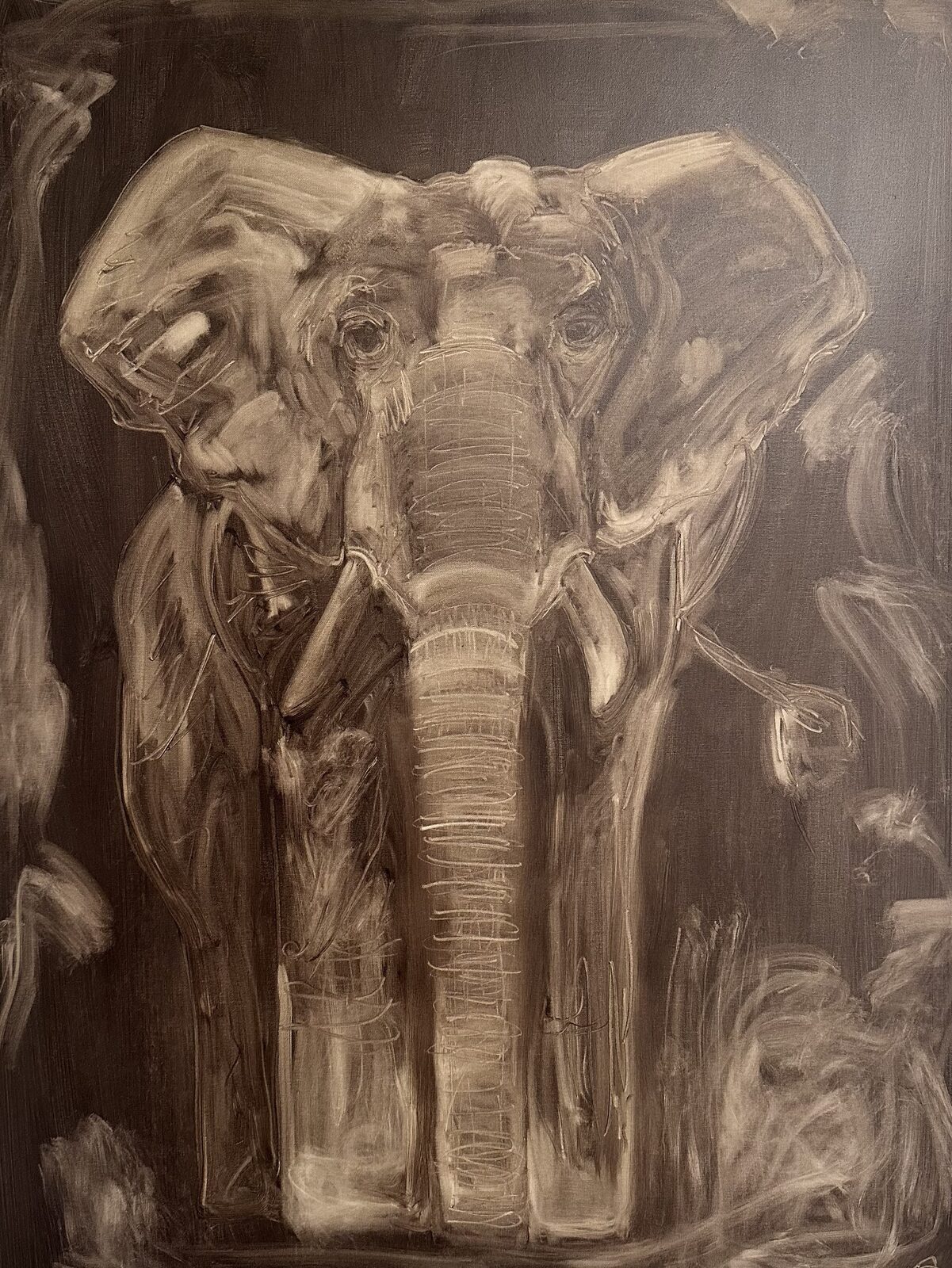 An elephant faces the viewer, drawn in pale strokes and scratched lines over a dark brown ground.