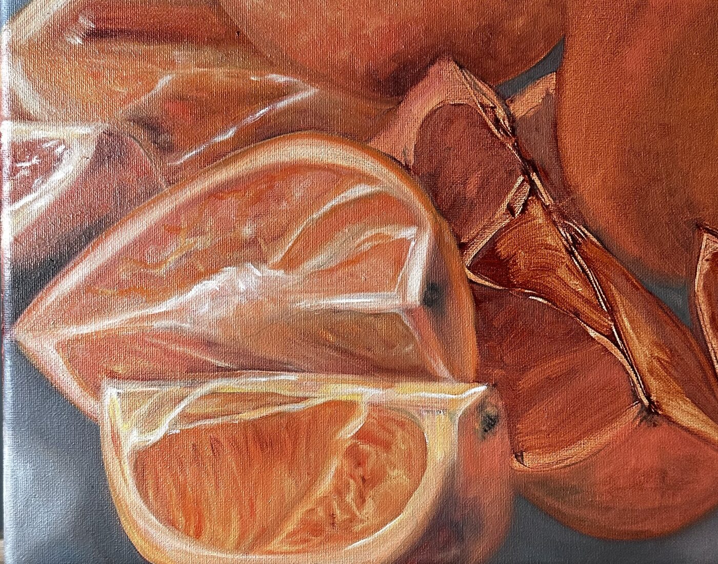 Cut orange wedges and peels piled together, painted in close oranges and rusts against a grey ground.